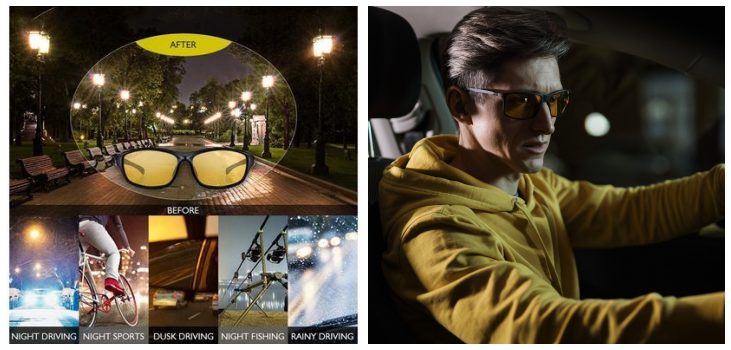 Split image. Left: activities with the glasses. Right: Man driving at night wearing the glasses