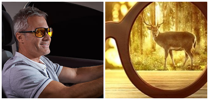 Split image, left, man driving at night wearing Hawk Eye Glasses, right, a deer seen through the lens clearly, without the glare of lights around