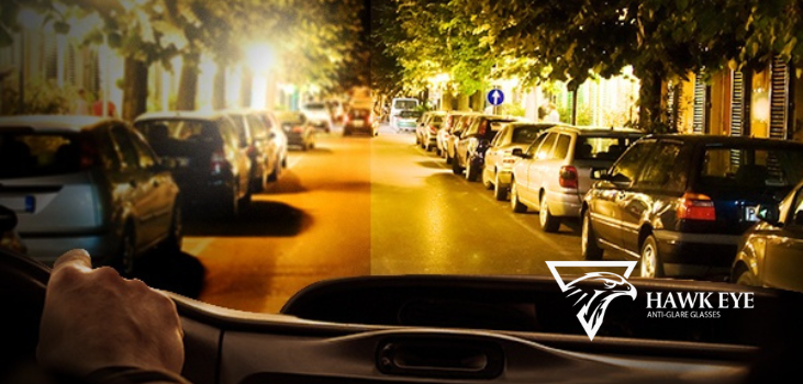 Image fron driver's point of view. Night driving difference with and without Hawk Eye Glasses