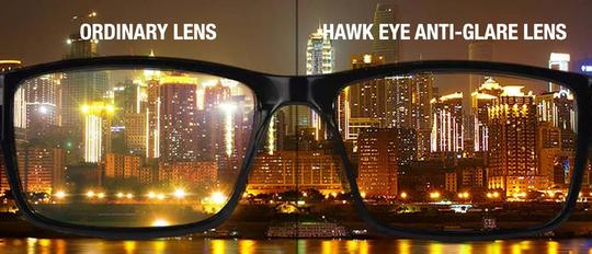 Image of city skyline viewed through ordinary lens and through Hawk Eye Anti-Glare lens